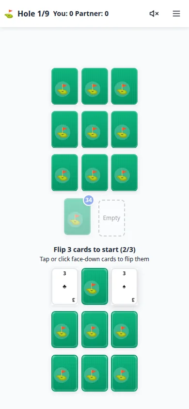 Live 9-card Golf board: 3 by 3 grid with two face-up cards after opening flips