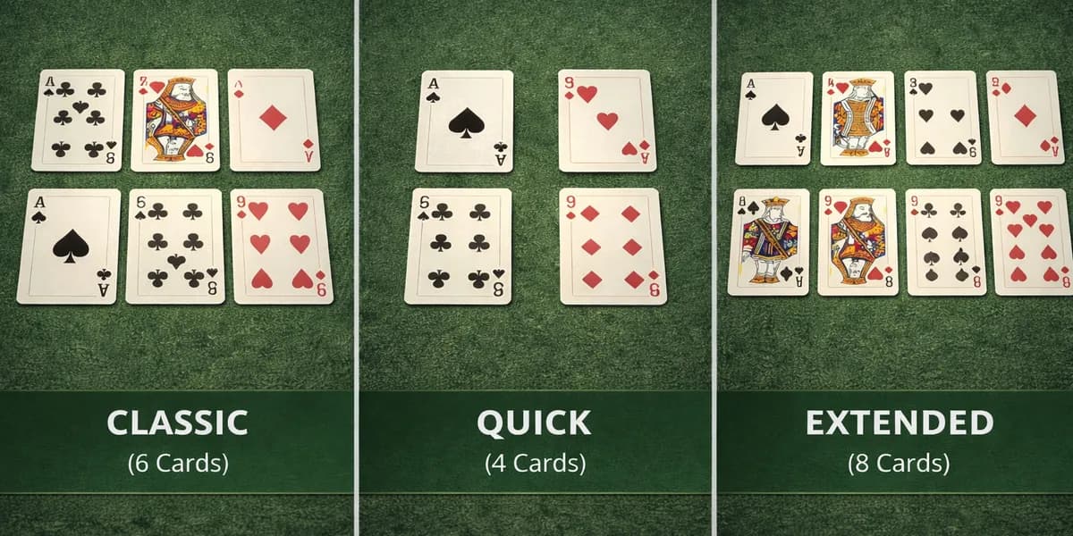 Different Golf card game grid sizes from four cards to nine cards