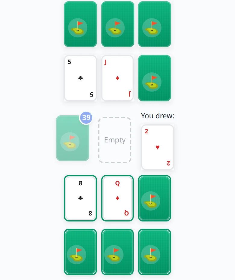 Mid-turn board after drawing the two of hearts from the discard pile: the drawn card beside the piles, Discard Drawn Card disabled, and the hint to swap it into your grid.