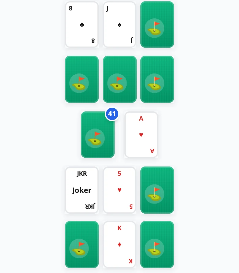 Jokers format board with a face-up JKR joker in the top-left of your grid, face-up five and king, three face-down cards in your grid, draw and discard piles, and two face-up cards in your partner hand.