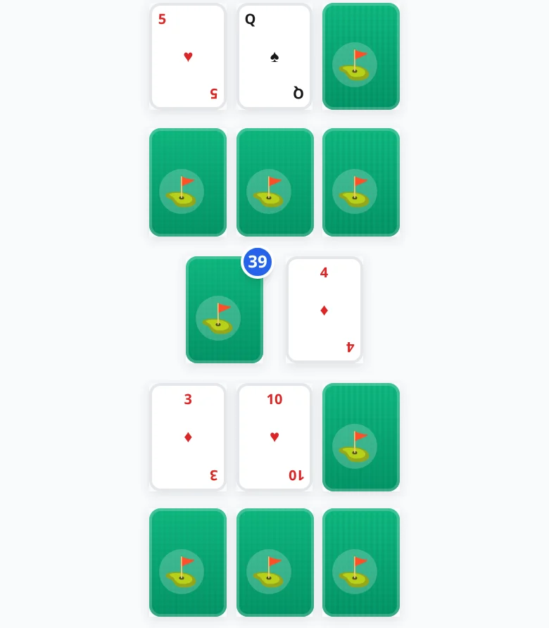 Classic six-card Golf board after the opening flip: partner hand on top, draw pile and discard pile in the center, and your 2×3 grid with two face-up cards in the top row and four face-down cards.